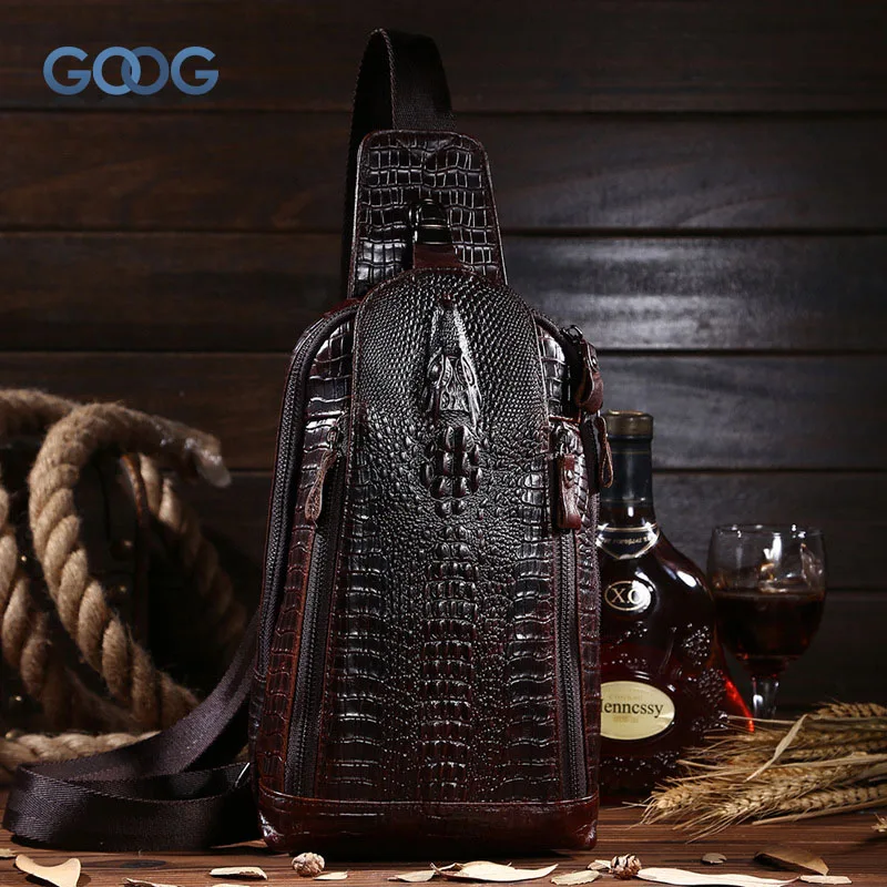 

Men 's crocodile pattern vertical section of the square chest bag oil wax head layer of leather leisure fashion Messenger bag