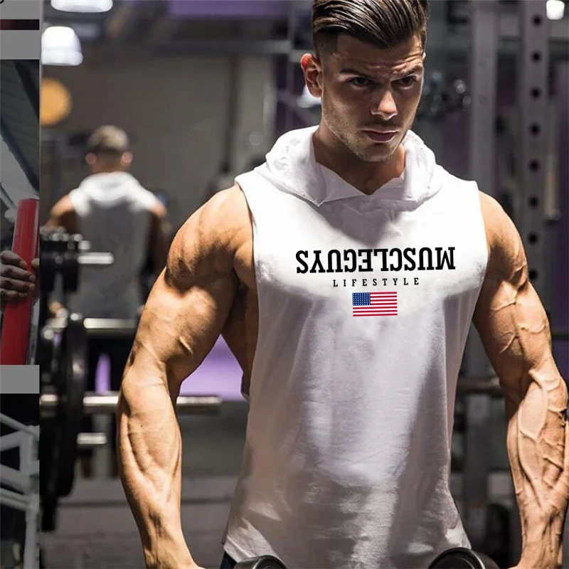 

Muscleguys Summer Gyms Vest bodybuilding Clothing fitness men stringer hooded tank tops men sporting sleeveless shirt