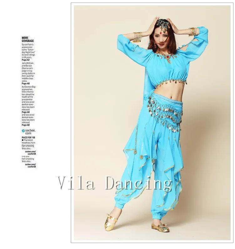 Новая стильная одежда для танца живота, костюм для танца живота, индийская танцевальная одежда, 4 шт. М/Л, длинный рукав, штаны, пояс и повязка на голову, 8 цветов