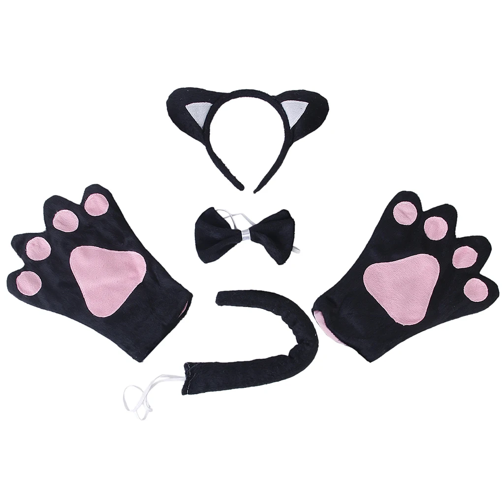 New Black Cat Cosplay Christmas Halloween Costume Outfit Headband Gloves Tie Tail 4pcs Set