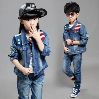 

Children's Sets Children's Clothing cotton boy's girl's jean sets turn-down collar zipper 110-160 cm whole sale 2017 good price