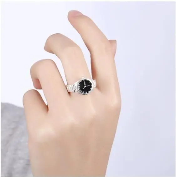 

Creative Design Watch Shape Finger Ring Quartz Silver Round With Zircon Woman Fashion Accessories Party Style Gifts