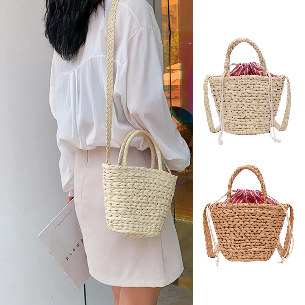 

Women's Bags Retro Straw Shoulder Bag Bucket Pack Woven Rattan Bag Small Beach Handbags Summer Hollow Messenger Crossbody Bags