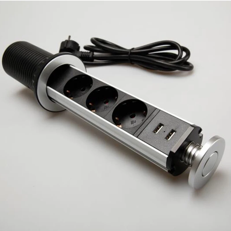 

New Sell Aluminium Alloy Shell Tensile Type EU Desktop Socket with Indicator Socket Kitchen Socket pop-up 2.1A charge USB