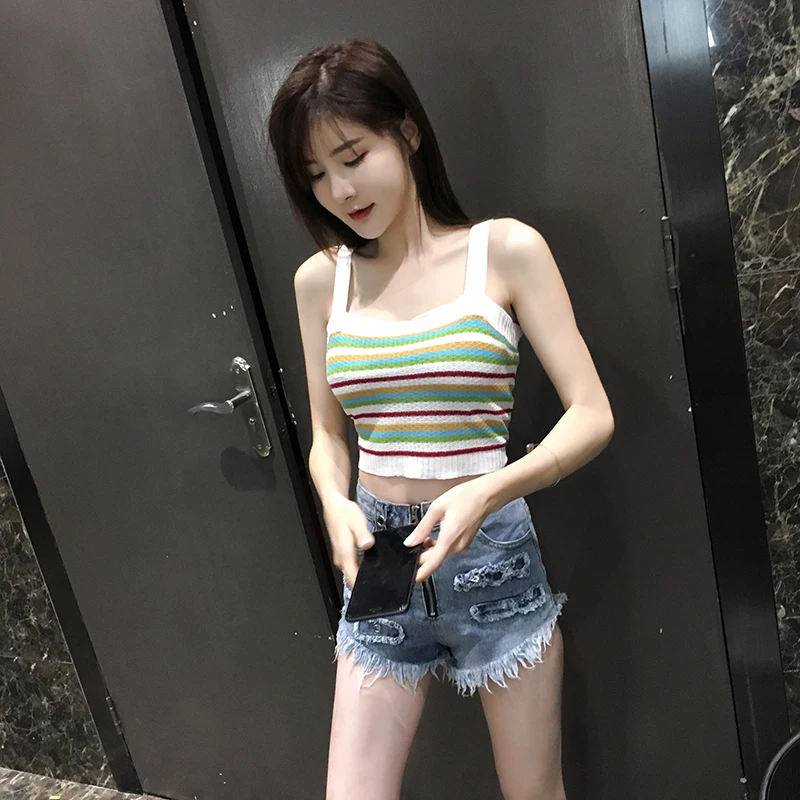 New Summer Colorful Striped Women Tank Tops High Waist Knitted Slim Short Section Women Camis Rainbow Sexy Tank Tops New Summer Colorful Striped Women Tank Tops High Waist Knitted Slim Short Section Women Camis Rainbow Sexy Tank Tops