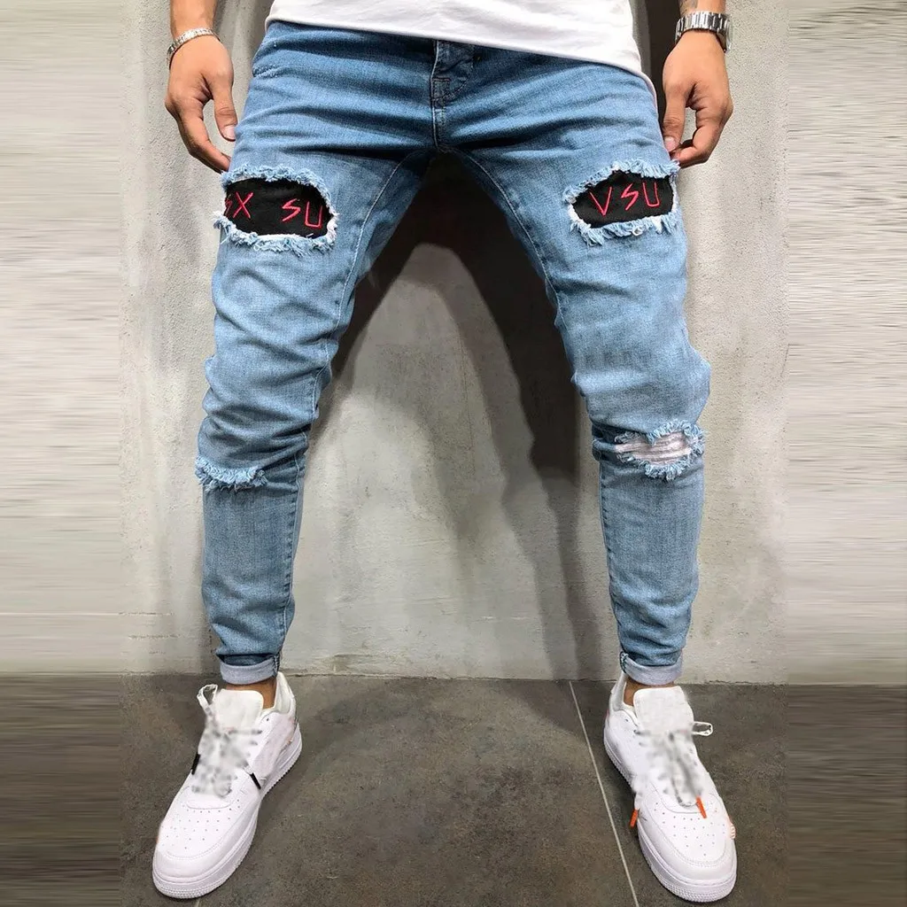 Хлопковые джинсы весна MenClothes из джинсовой ткани и хлопковой подкладкой для мальчиков, рваные карманы, искусственно состаренные Брюки повседневные штаны рваные, Стретч Джинсы 5,13