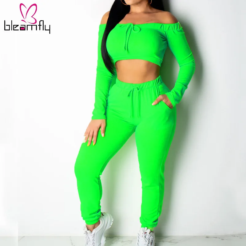 

Neon Green Women Two Piece Set Off Shoulder Long Sleeve Crop Top And Pants 2pcs Set Casual Summer Ladies Tracksuit Matching Sets