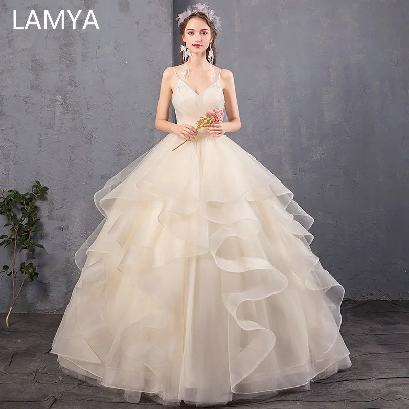 

LAMYA Simple V Neck Pleat Wedding Dress 2019 Spaghetti Straps Bridal Gown Elegant Customized Tiered Lace Up Vestido De Noiva