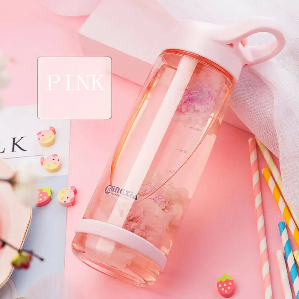 Портативная чашка для воды в Корейском стиле, прозрачная Нескользящая бутылка для воды, чашка для напитков 550, 850 мл, 3 цвета, розовый, серый, желтый - Цвет: Розовый