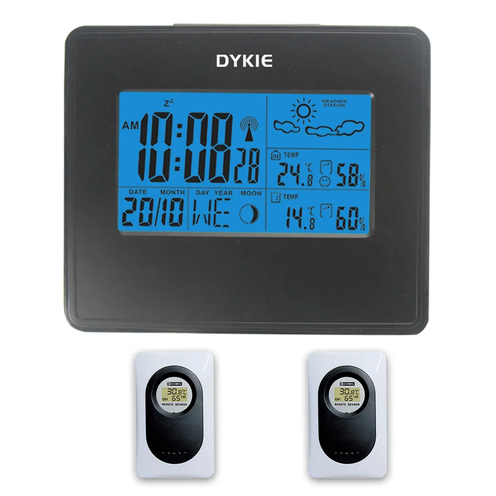 DYKIE RF RCC Беспроводная метеостанция цифровой Погодный протектор мультфифункциональные часы влажность подсветка 2 передатчика - Цвет: Two sensors