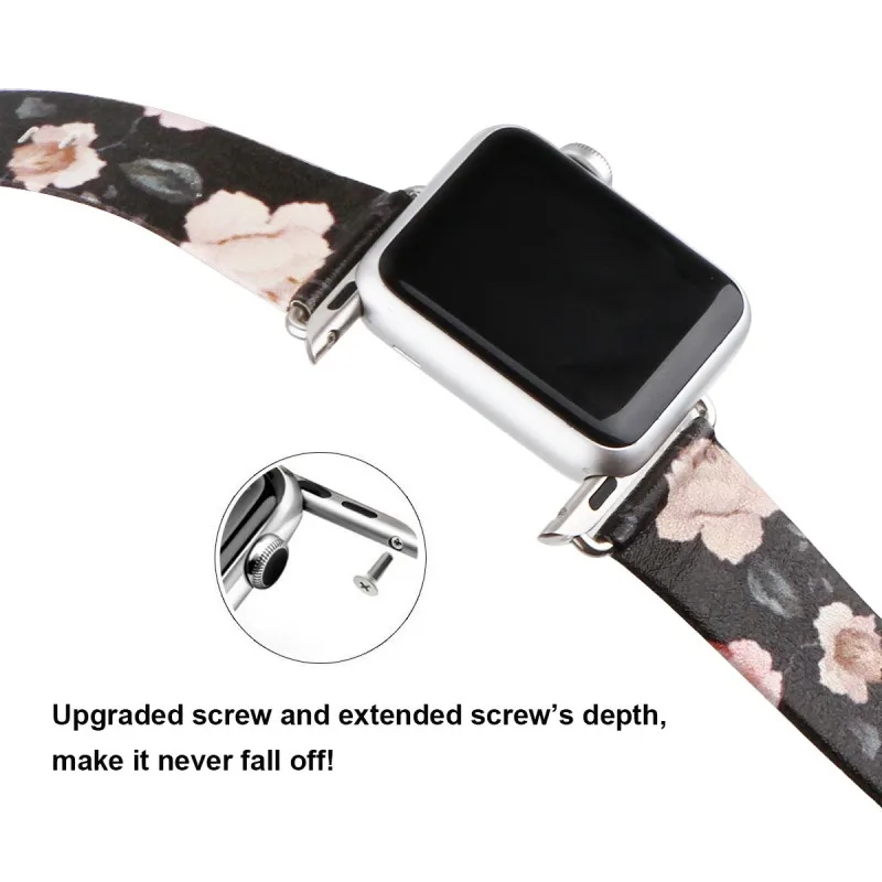 Роза Цветочный принт кожа часы ремешок для Apple Watch Series 3 ремень черный браслет для серии 1/2/3 браслет пояса 42 мм 38 мм