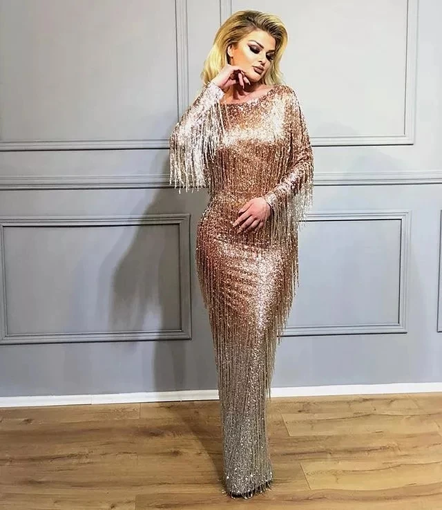 

2019 Luxury Gown Evening Dress Long Sleeve Bling Bling MermaidDubai Women Formal Dress robe de soiree