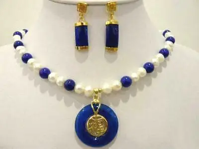 

Free Shipping >> Beautiful blue jade and pearl necklace earring set