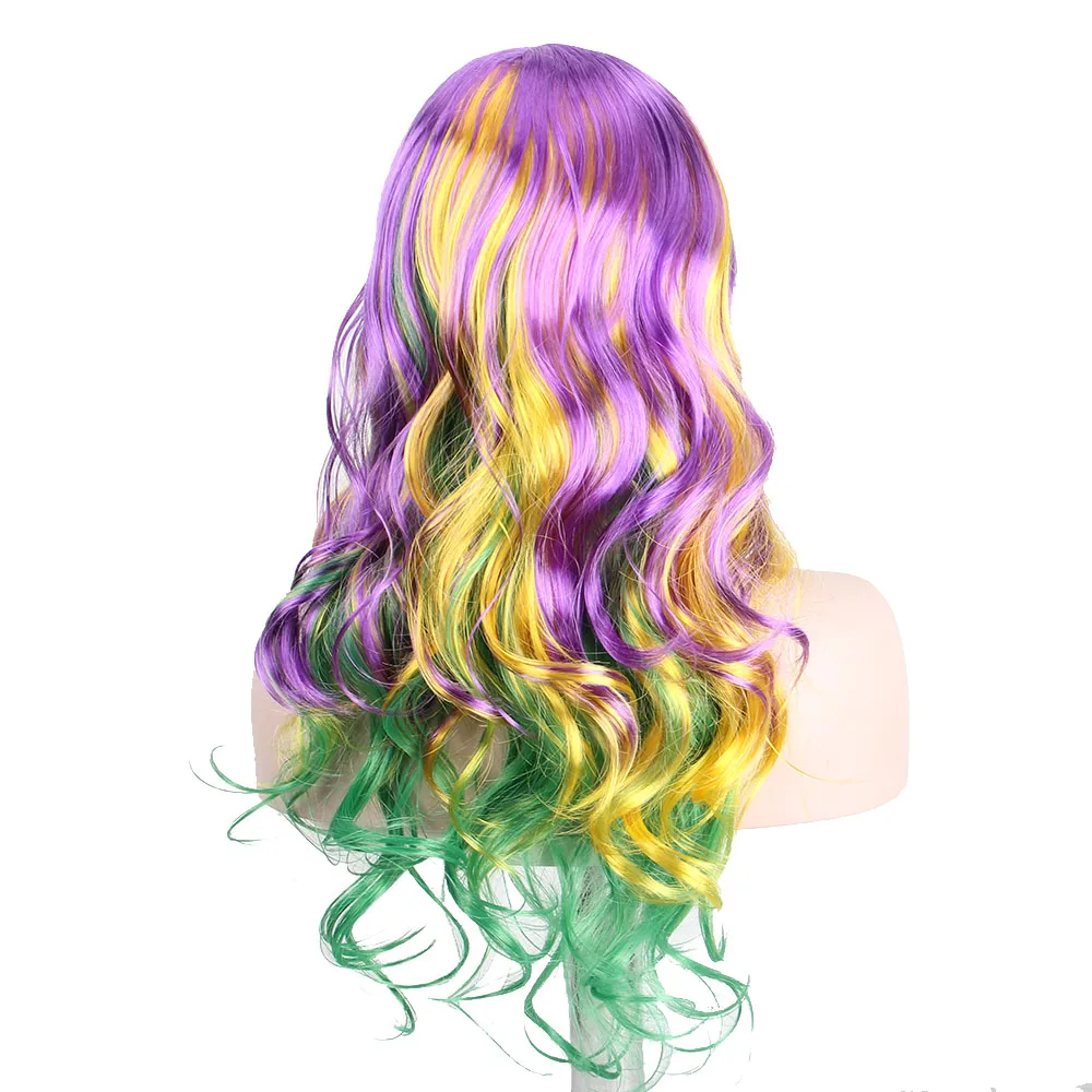 Волнистый фиолетовый желтый зеленый ансин маскарадный парик для вечеринки с челкой