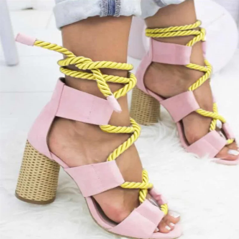 Женские босоножки; обувь на высоком каблуке с открытым носком; Летняя женская обувь для вечеринок; брендовые босоножки на толстом каблуке со шнуровкой; женская пляжная разноцветная обувь - Цвет: All Pink Shoes