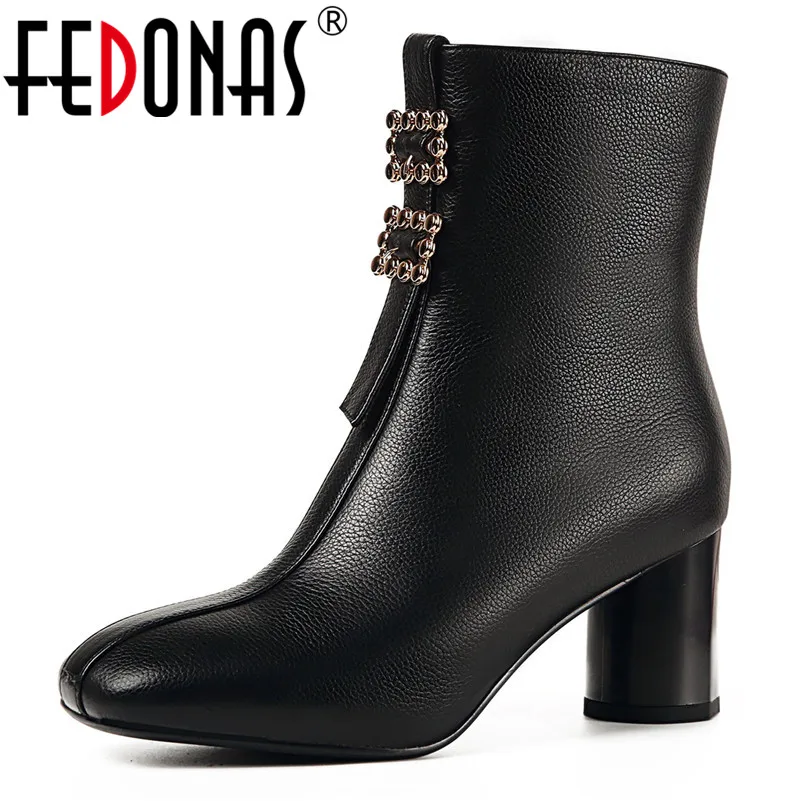 

FEDONAS Brand Ankle Boots Women Genuine Leather Buckles Autumn Winter Martin Shoes Woman High Heels Night Club Pumps Basic Boots