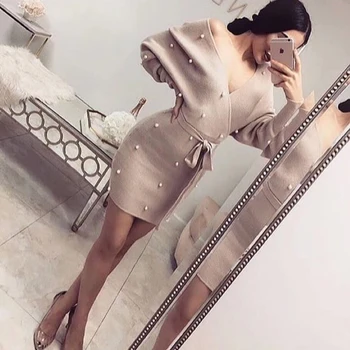 

2018 Elegant Khaki Bandage Dress Long Sleeve New Arrival Casual Bandage Dress Beading Bodycon Party Dress Vestidos Wholesale