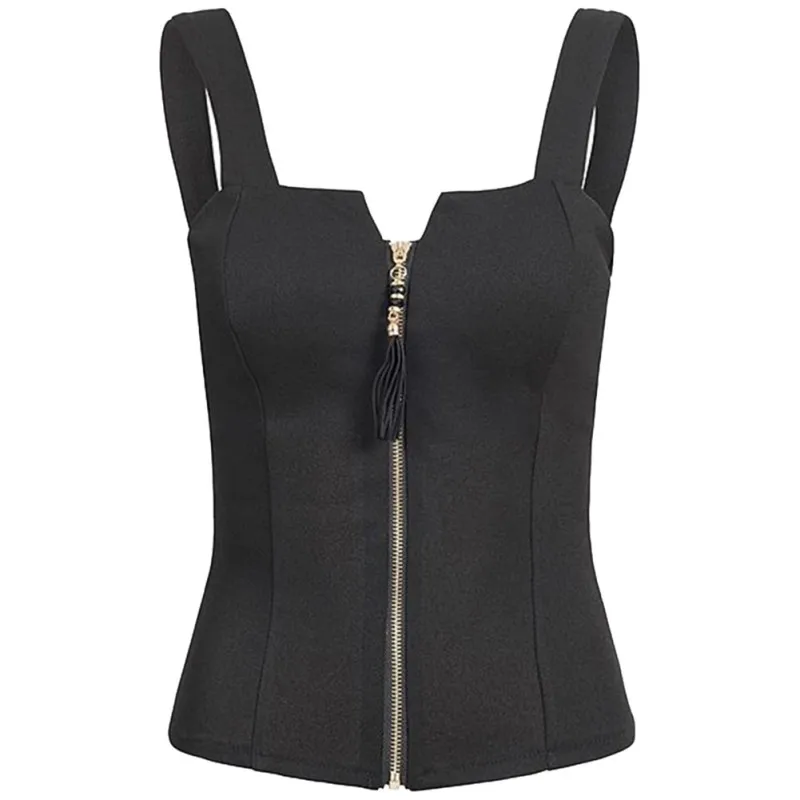 Top Fashion Sexy Small V Zip Black Vest Bow Beauty Back Nice Crop Top Women Ladies XL 2Xl Slim Thin Waist Shirt W1 Tops