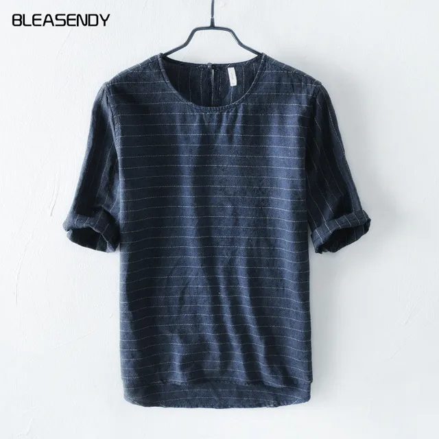 Camiseta Rayas Ropa Hombres Japonesa Del Marca Corta Estilo Nuevos De Manga Retro Verano Ocasionales 2018 Lino nwPXk80NO