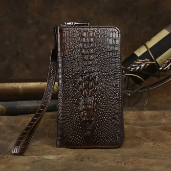 

New Split Leather Long Purses Solid Brown Men Clutch Coin Purse Wallet for Male Zipper Around Crocodile Alligator