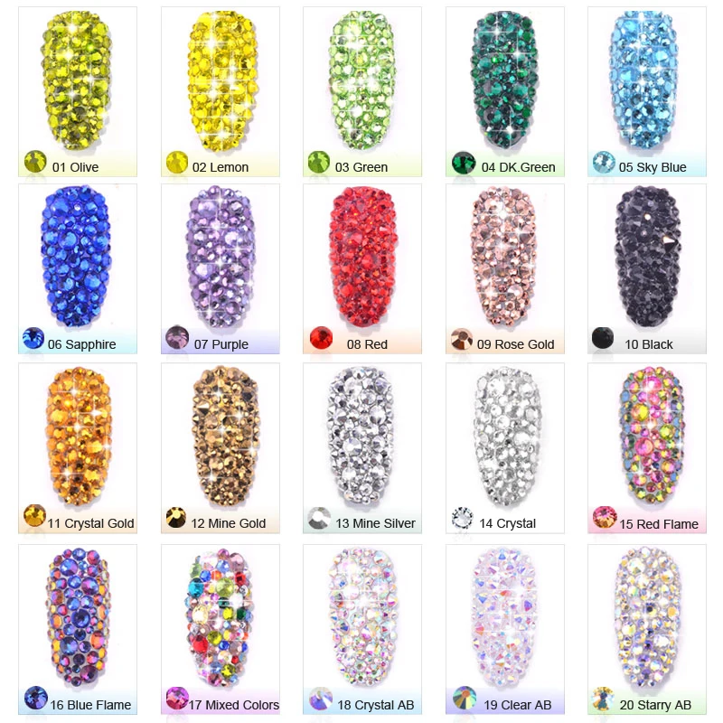 

1 Pack Flatback Glass Nail Rhinestones Mixed Sizes 20 Colors Nail Art Decoration Stones Shiny Gems Manicure Accessories SS4-SS16