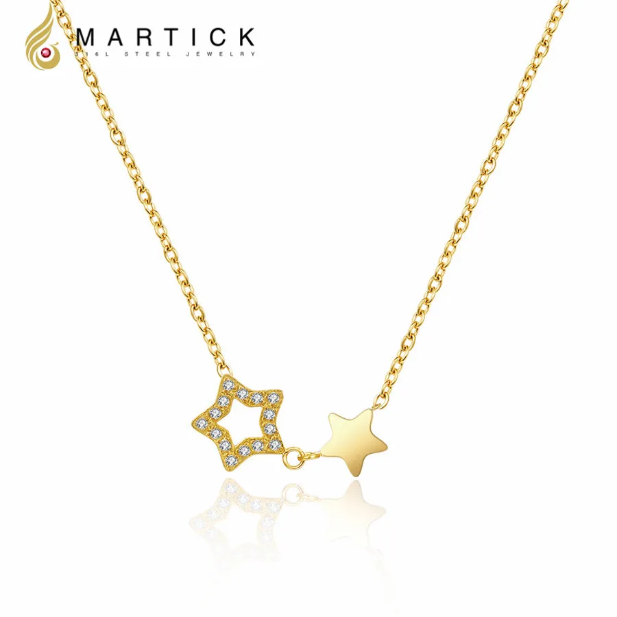 

Martick 316L Stainless Steel Double Shape Pendant With Clear Shining CZ Link Chain Necklace Fashion Jewelry For Women P6
