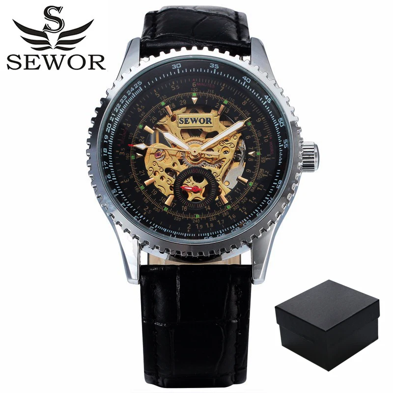 SEWOR самовзводные автоматические механические часы для мужчин Элитный бренд бизнес Скелет наручные часы армия кожаный браслет