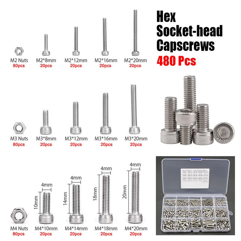 480 шт. M2 M3 M4 Набор шестигранных винтов из нержавеющей стали с шестигранной головкой Гайки