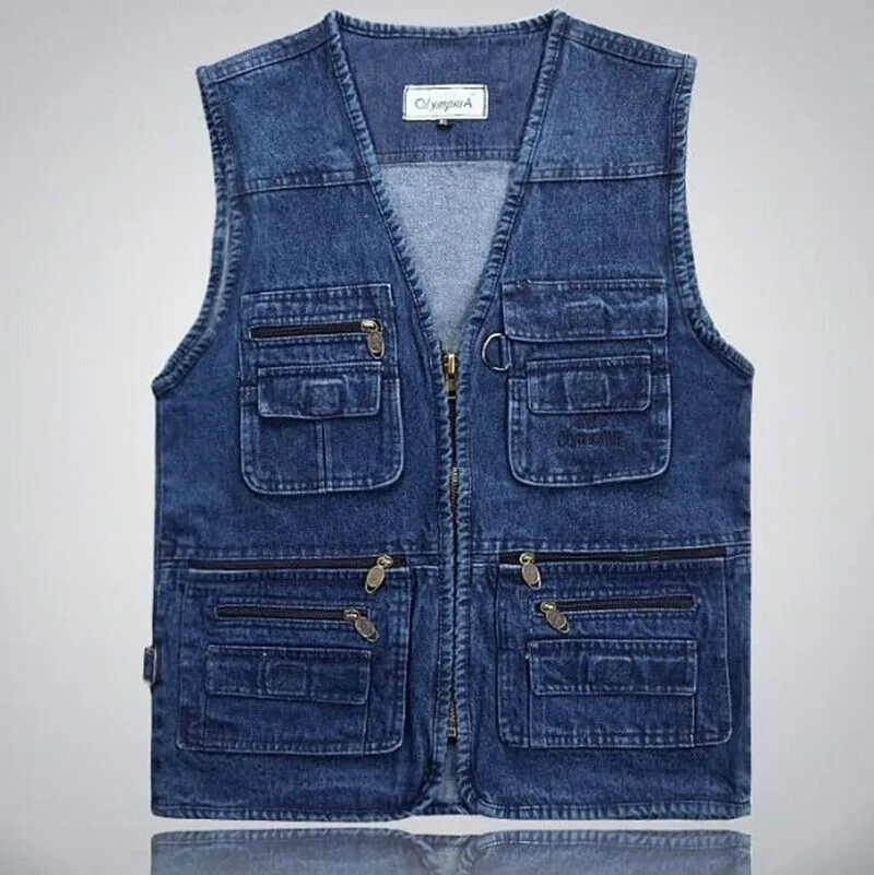 men Denim Vests Men big size 5xl Outdoors Cotton Multi Pocket Sleevless casual man jean