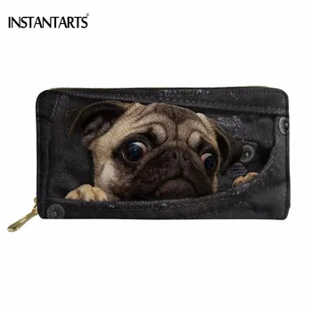 

INSTANTARTS Luxury Brand Women Men Long PU Leather Wallet Cute Fake Black Pocket Denim Pug Dog Print Coin Purse Lady Card Holder
