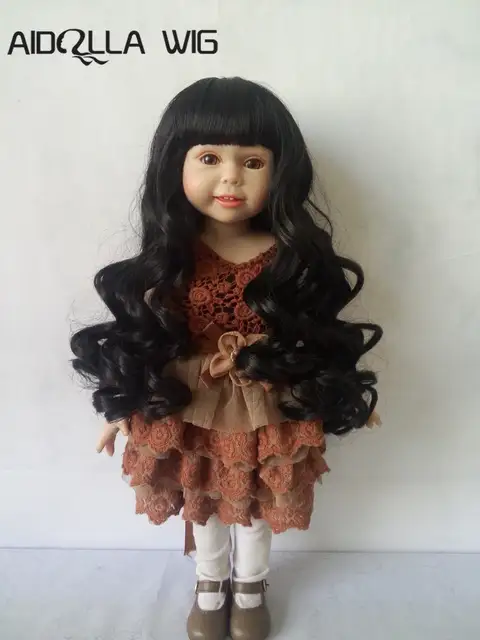 Us 16 65 30 Off Curly Hair Wig With Bangs In Black Color Long Wave Hairpiece Hairstyle For 18 American Dolls Diy Making Accessory In Dolls