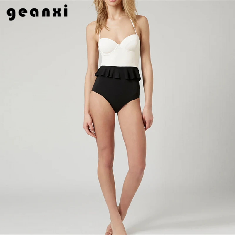 

Hot Sell 2018 Push Up New Bathing Suit Simple Black And White Patchwork Swimwear Sexy Hipster Halter One Piece Swimsuit Women