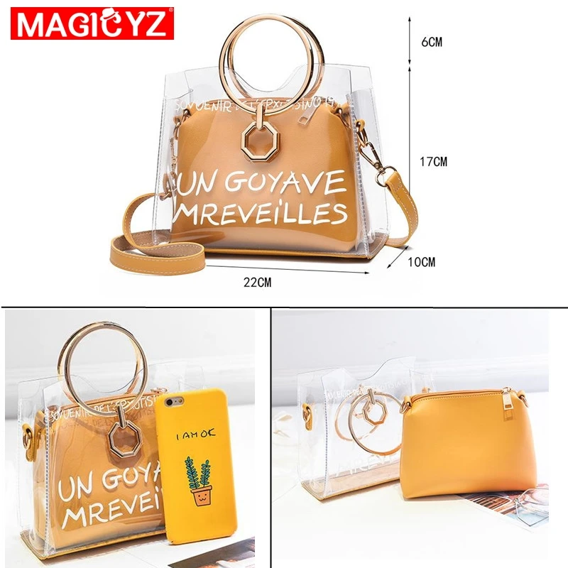 حلقة معدنية واضح شفاف PVC النساء أكياس إلكتروني هلام 2 مجموعات النساء رسول Crossbody حقيبة الأعلى مقبض مركب الإناث بولسا