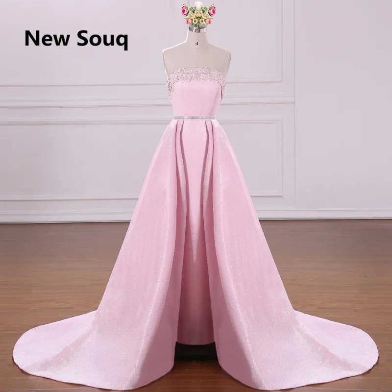 

Sweet Pink Satin Mermaid Evening Dresses With Detachable Skirt Sequin Strapless Backless Sexy Prom Dress Women Evening Wear