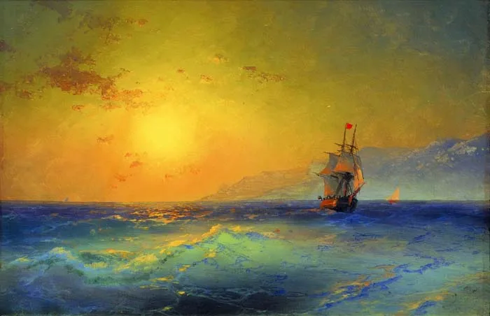 HOME OFFICE WALL Decor ART # 100% handpainted work Russian Ivan Aivazovsky Ship in Sunset glow copy art oil painting on canvas | Дом и сад