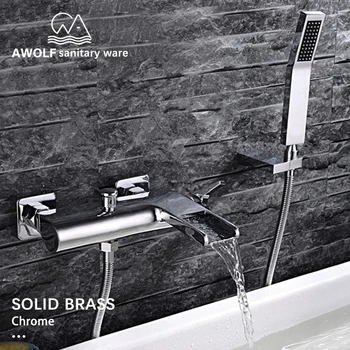 Online Bathroom Wall Mounted Bathtub Faucet Modern Shower Set Solid Brass Hot Cold Mixer Shower Waterfall Faucet Tap Chrome AH3040