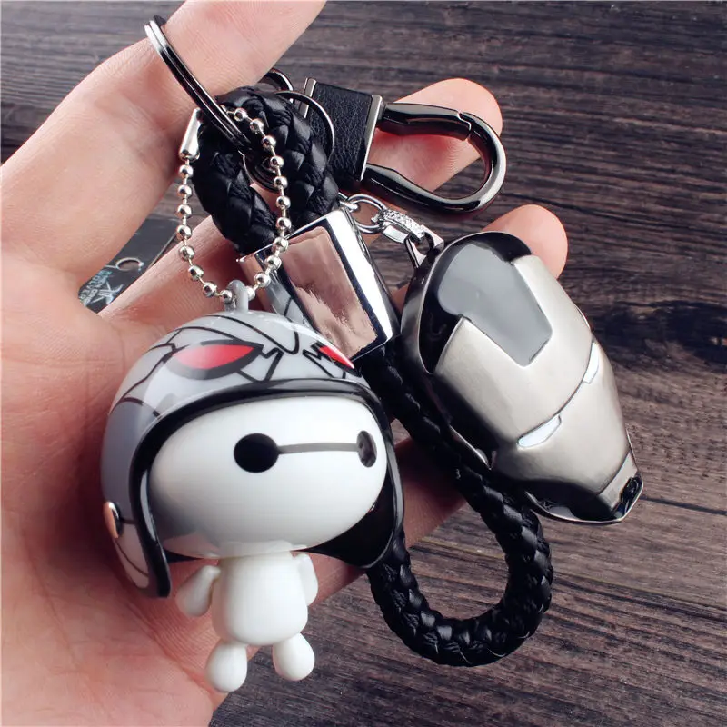 

The Avengers Hero Helmet Baymax Keychain Women Leather Trinket Metal Keyring Car Bag Pendent Charm