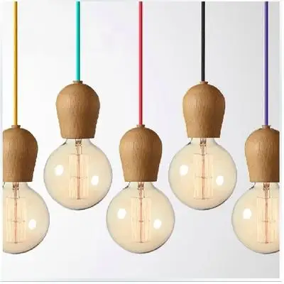 

Vintage pendant light Oak Wood lamp 100cm colored cable E27/E26 socket wood lampholder Hanging light fixture.only lamp,No bulbs