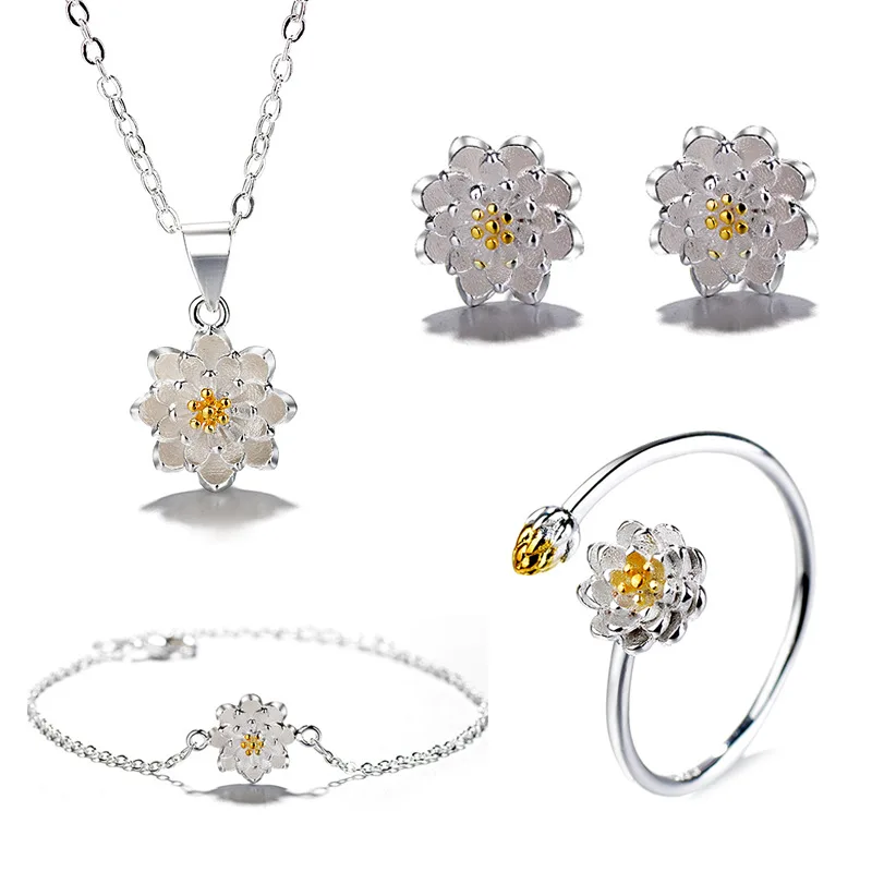 

925 Sterling Silver Lotus Flower Charm Necklaces & Pendants Earring Ring Bracelet Jewelry Set For Women Choker Collar dz739