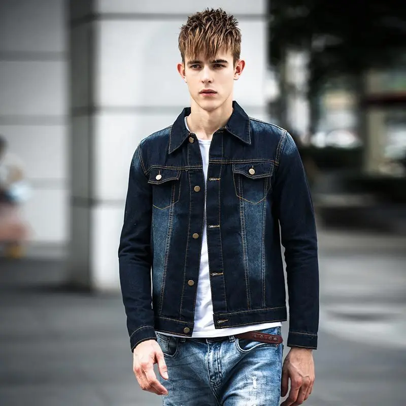 light blue jean jacket with dark blue jeans