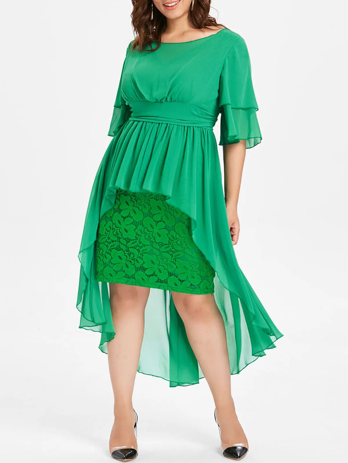 Wipalo размера плюс 5XL с высокой талией и кружевной панелью, платье с высокой низкой талией, элегантное женское вечернее платье до середины голени с короткими рукавами - Цвет: Medium Turquoise