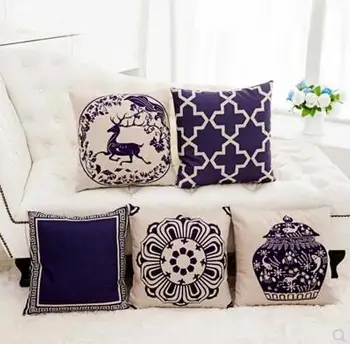 

Simple blue and white porcelain linen car office cushion cover Napping home pillowcase