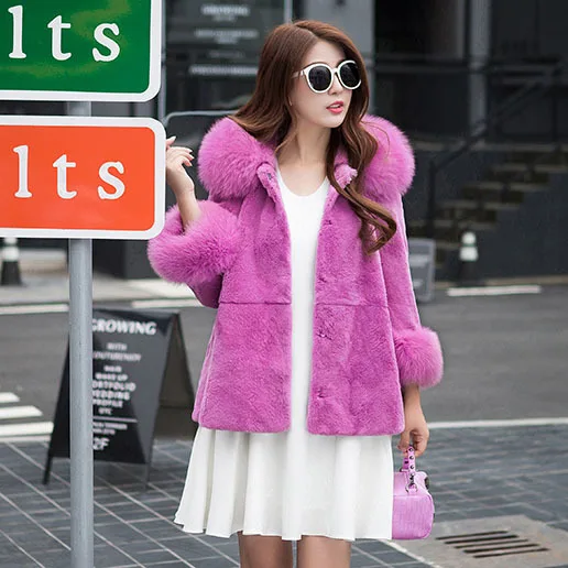 

Whole skin natural rex rabbit fur coats outerwear women loose fit 9/10 sleeve fur jackets with real fox fur collar and cuff