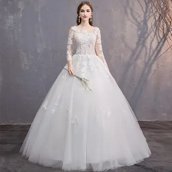 

Fashion Full sleeve Simple Lace Tull 2019 Wedding Dresses Long Train Scoop Neck Elegant Plus size Vestido De Noiva Bride gown
