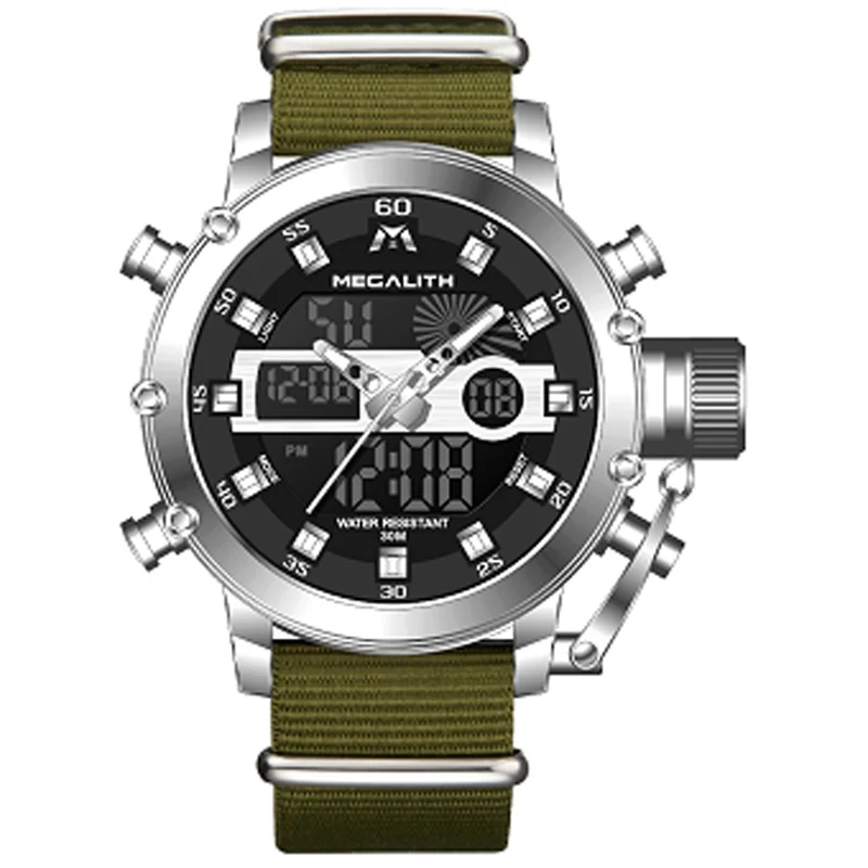 MEGALITH мужские спортивные часы светящиеся водонепроницаемые кварцевые часы мужские многофункциональные наручные часы с хронографом Прямая поставка цена - Цвет: nylonsilver