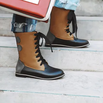 

Big Size 11 12 13 14 15 Europeans and Americans with round head, square heel and low heel and color matching front lace boots