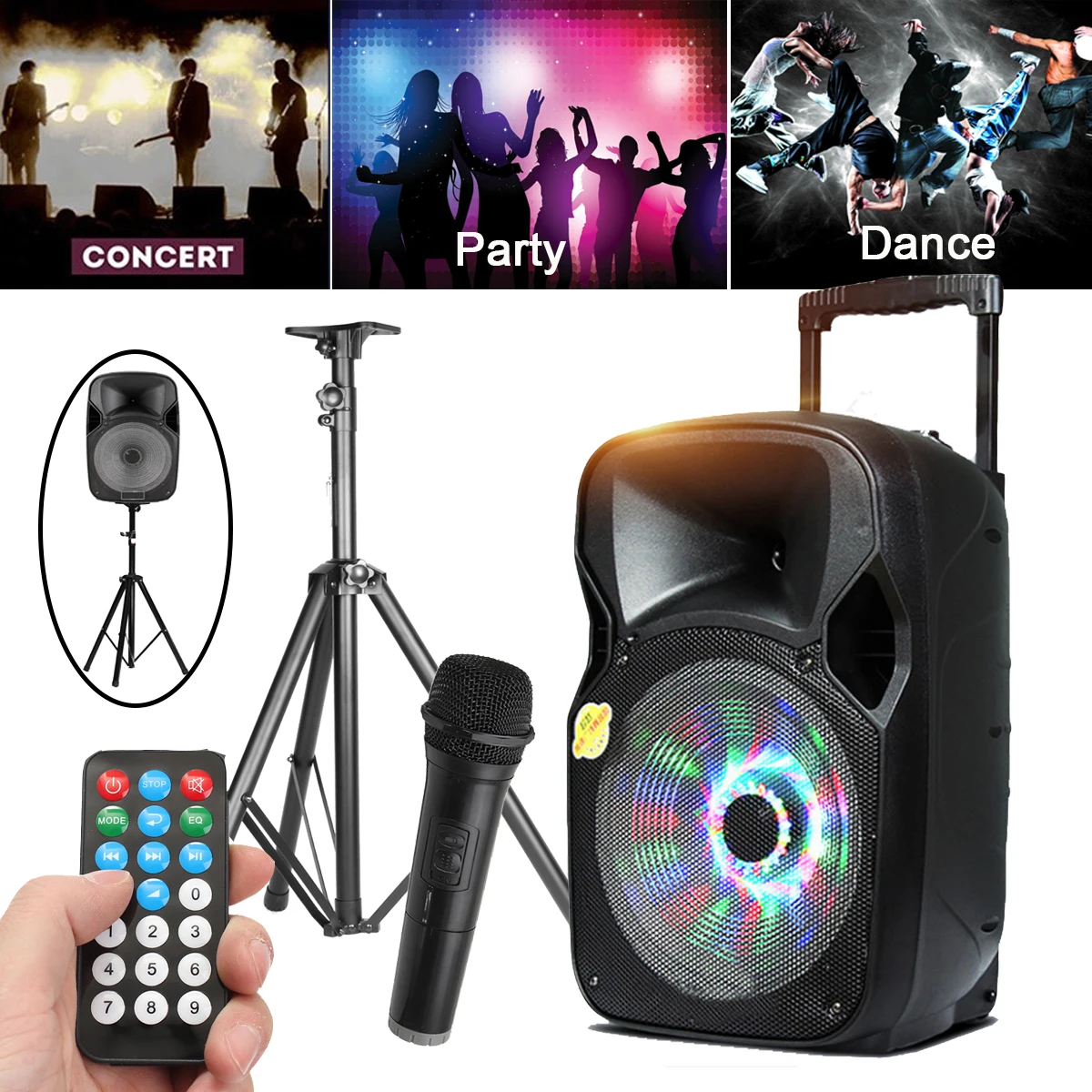 

220W 12" PA System Active Address Speaker Wireless Mic Bluetooth USB Guitar In Portable Audio & Video Speakers