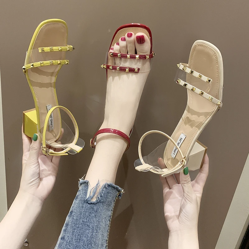 

A word with sandals female 2019 new summer thick with transparent women's shoes fashion rivets sexy high heels tide sandals