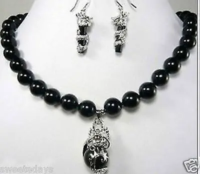 

FREE SHIPPING>>@> Free shipping Fashion beautiful 10mm black jade dragon earring pendant Necklace set Natural jewelry
