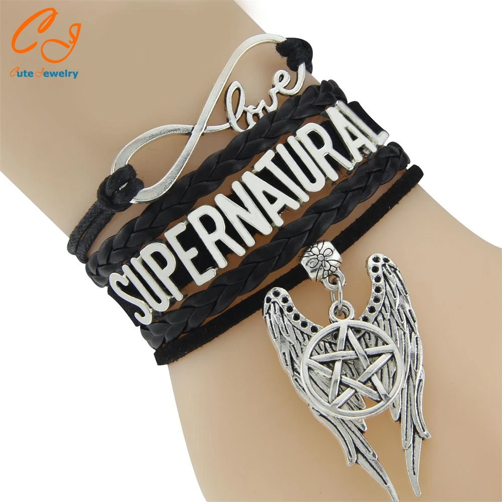 

CUSTOMAMA Infinity Love Supernatural Wrap Bracelet Pentagram Wings Charm Black Wax Suede & Leather Bracelet Custom any Themes